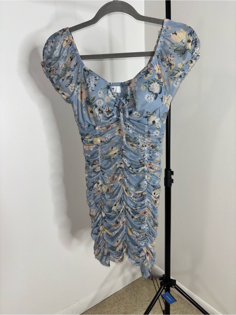 Blue Floral Ruched Midi Dress